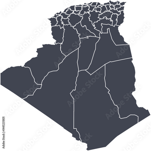Vector map of Algeria showing all regions with clearly defined borders and country outline. Dark color scheme with white contours. Perfect for educational, infographic, and professional use.