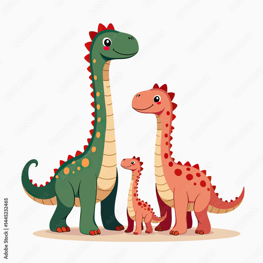 Naklejka premium Adorable Clipart of a Brachiosaurus Dinosaur Family in Flat Style, Featuring Pastel Pink and Green Tones on White Background, Perfect for Kids Designs 