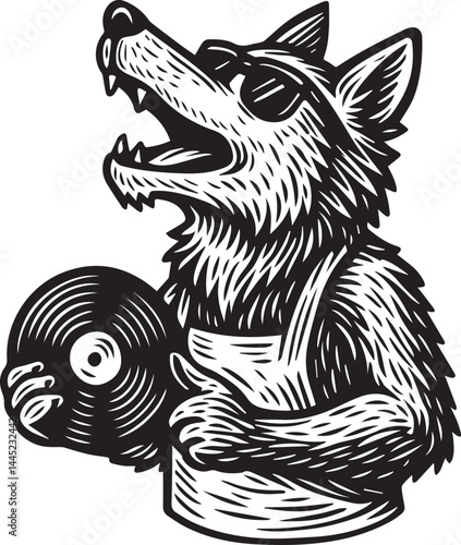 Howlin' wolf character cartoon with vynil record vector illustration