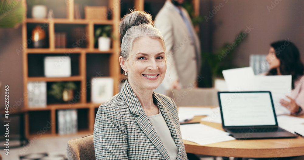Portrait, mature and happy business woman in office with pride, ambition and attorney coworking. Smile, professional manager and confident lawyer at work as legal representative in corporate law firm