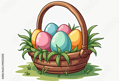 Pastel-Colored Egg Basket Clipart in Simple Cartoon Vector Style, High-Resolution with No Background, No Shading or Lines, Ideal for Clean and Minimalist Use
