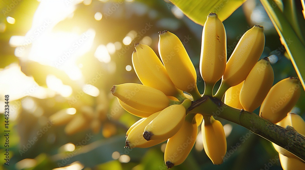 Obraz premium Cluster of ripe bananas on a branch. Sunlight filters through tropical foliage