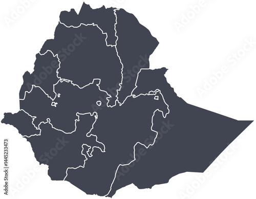 Vector map of Ethiopia showing all regions with clearly defined borders and country outline. Dark color scheme with white contours. Perfect for educational, infographic, and professional use.