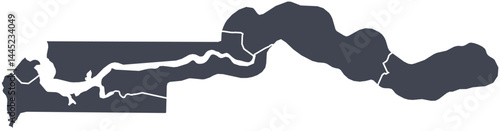 Vector map of The Gambia showing all regions with clearly defined borders and country outline. Dark color scheme with white contours. Perfect for educational, infographic, and professional use.