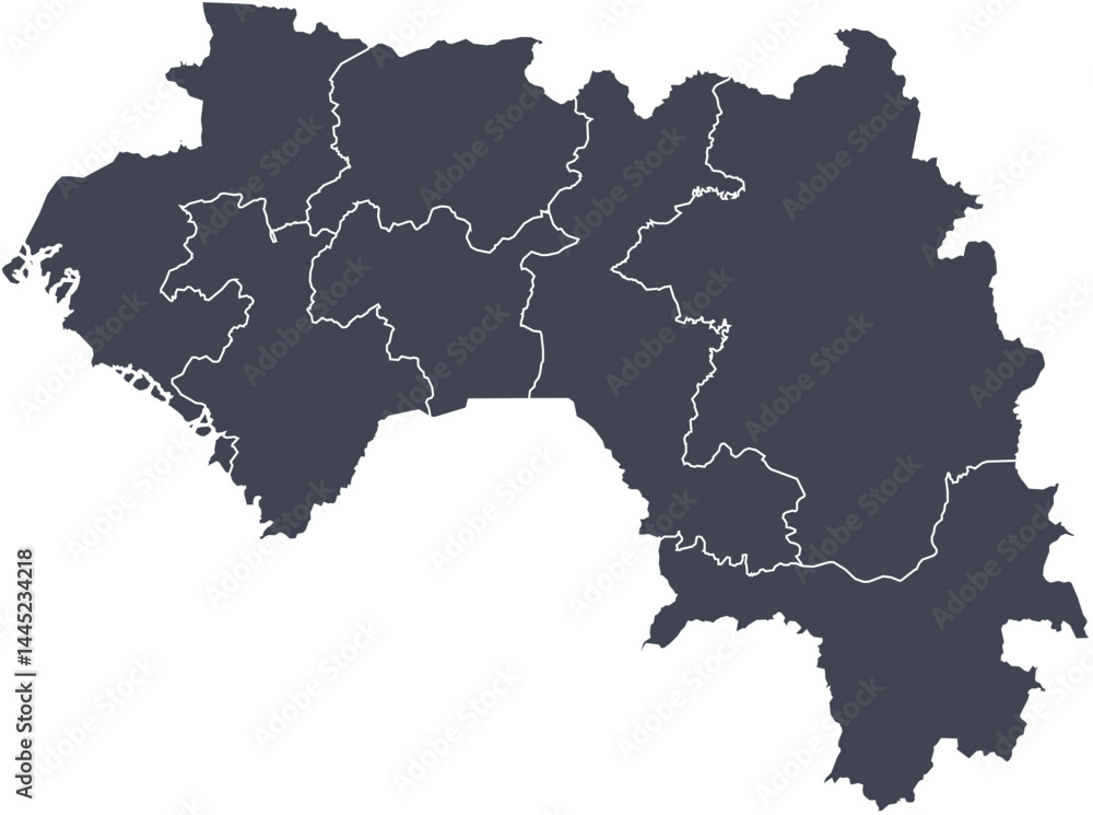 Vector map of Guinea showing all regions with clearly defined borders and country outline. Dark color scheme with white contours. Perfect for educational, infographic, and professional use. Vector map of Guinea showing all regions with clearly defined borders and country outline. Dark color scheme with white contours. Perfect for educational, infographic, and professional use.