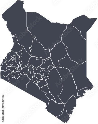 Vector map of Kenya showing all regions with clearly defined borders and country outline. Dark color scheme with white contours. Perfect for educational, infographic, and professional use.