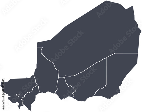 Vector map of Niger showing all regions with clearly defined borders and country outline. Dark color scheme with white contours. Perfect for educational, infographic, and professional use.