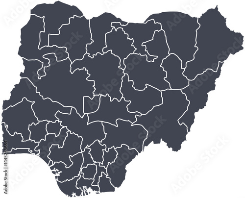 Vector map of Nigeria showing all regions with clearly defined borders and country outline. Dark color scheme with white contours. Perfect for educational, infographic, and professional use.

