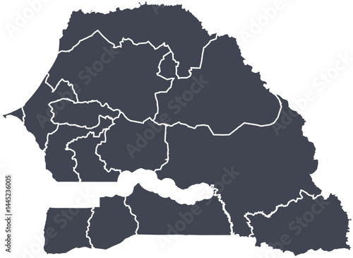 Vector map of Senegal showing all regions with clearly defined borders and country outline. Dark color scheme with white contours. Perfect for educational, infographic, and professional use.

