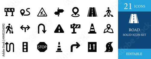 Solid black road icon set featuring traffic signs, signals, directions, cones, and navigation elements. Perfect for maps,  transport apps, and road safety designs