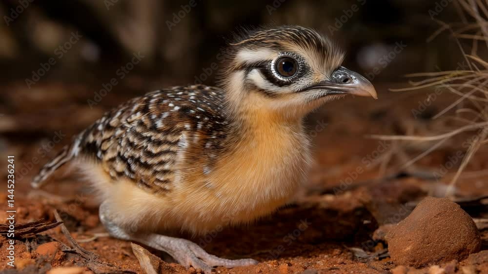 Small quail chick on red dirt looking forward. Feathered baby bird with brown and white plumage in natural habitat. Small quail chick on red dirt looking forward. Feathered baby bird with brown and white plumage in natural habitat.