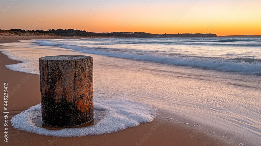 Sunrise Serenity Coastal Log with Peaceful Beach. Sunrise Serenity Coastal Log with Peaceful Beach.