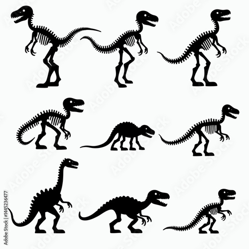 Flat Black Dinosaur Skeleton Vector Icon Set, Minimal Cartoon Silhouette Logos on White Background, Simple and Cute Bone Structure Illustrations in Transparent PNG Format
