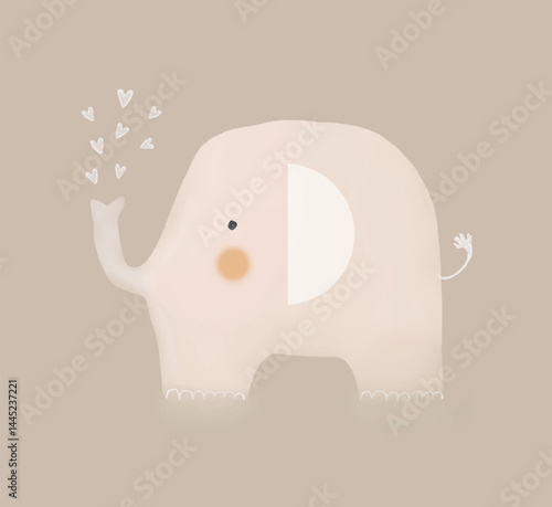 Baby Shower Vector Illustration Of Cute Elephant and Heart Fountain. Baby Elephant on a Beige Background. Hand Drawn Nursery Art ideal for Card, Wall Art, Poster. Gender Neutral Print For Kids. 