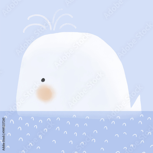 Baby Shower Vector Illustration Of Cute Whale And Water Fountain. White Whale on a Pastel Blue Background. Hand Drawn Nursery Art ideal for Card, Wall Art, Poster.	Baby Boy Welcome Party Print. 