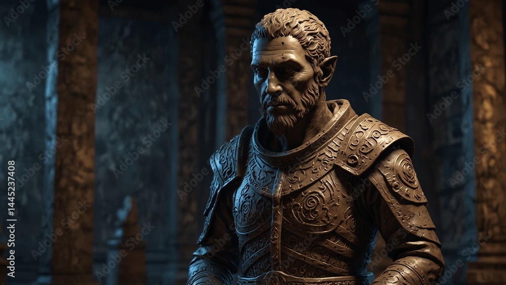 A statue of Saexos, the keeper of secrets, head shaped like a sealed scroll, body etched with cryptic runes A statue of Saexos, the keeper of secrets, head shaped like a sealed scroll, body etched with cryptic runes