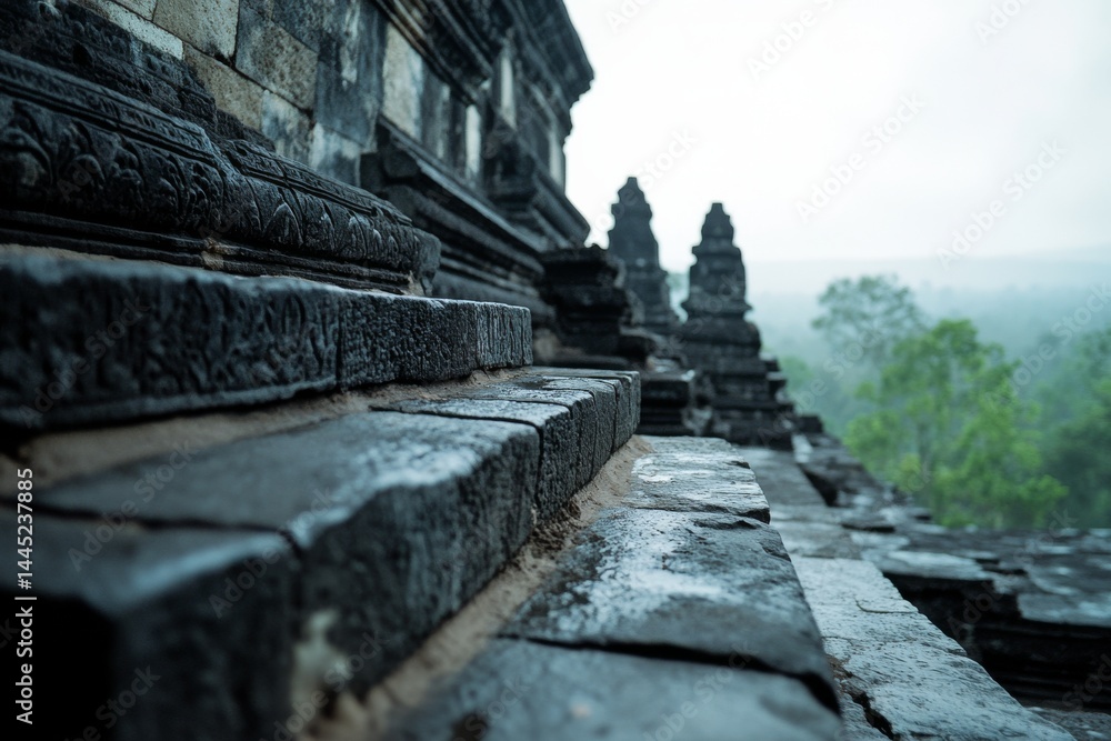 Ancient stone ruins with intricate carvings stand amidst lush greenery, cloaked in mist, evoking history and mystery in a forgotten world. Ancient stone ruins with intricate carvings stand amidst lush greenery, cloaked in mist, evoking history and mystery in a forgotten world.