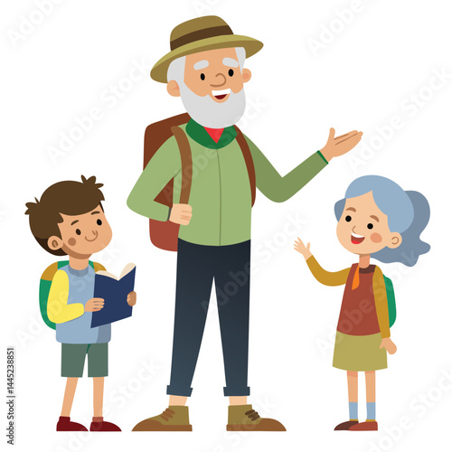 Elderly hiker telling trail stories to kids on white background vector illustration