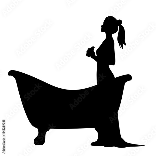 Relaxing silhouette by bathtub with aromatherapy bottle, home spa concept