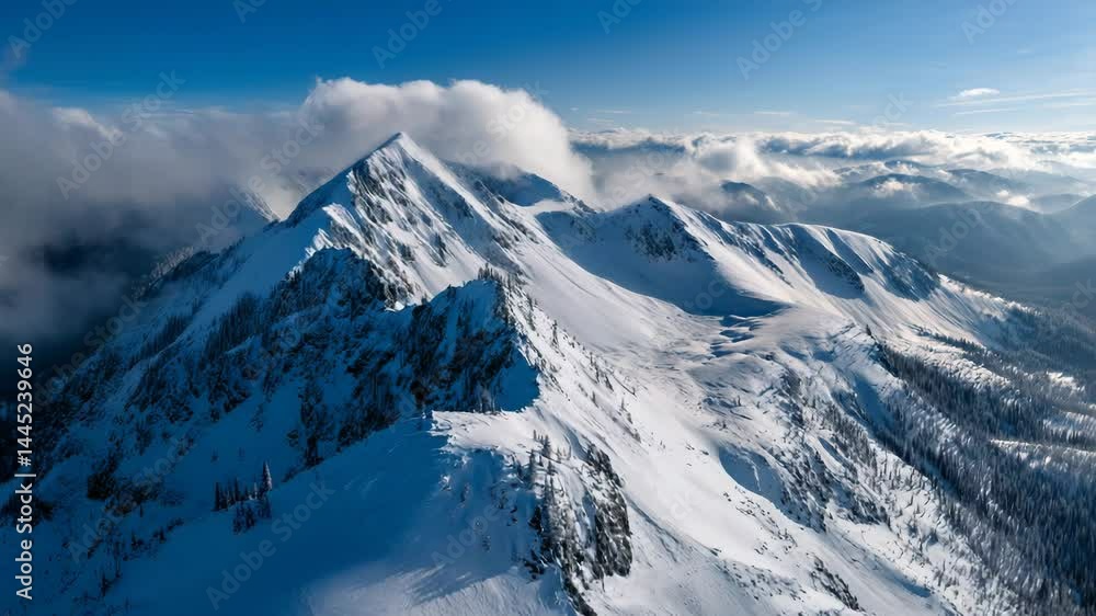 Aerial View of Snow Covered Mountain Peaks on a Sunny Day Aerial View of Snow Covered Mountain Peaks on a Sunny Day