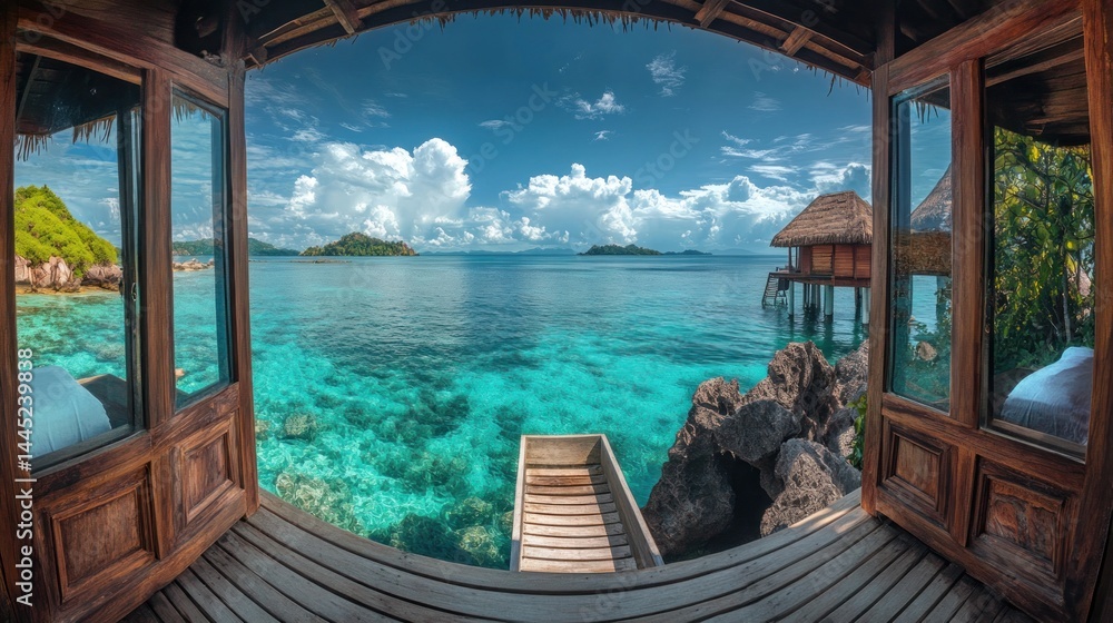 Fototapeta premium Scenic view from a wooden structure overlooking clear turquoise waters and distant islands.