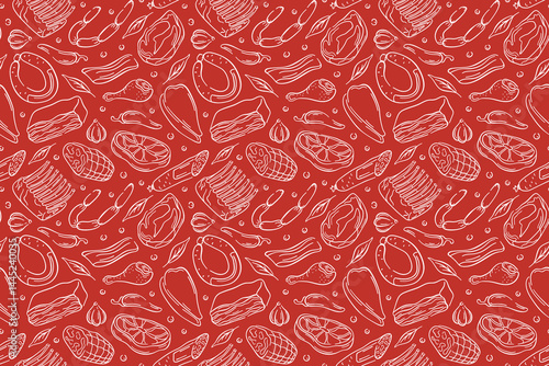 Seamless pattern with line art meat steak, sausage, bacon, drumstick, garlic, chili. herbs and spices on red background. Great for butcher shop, deli packaging or kitchen design.