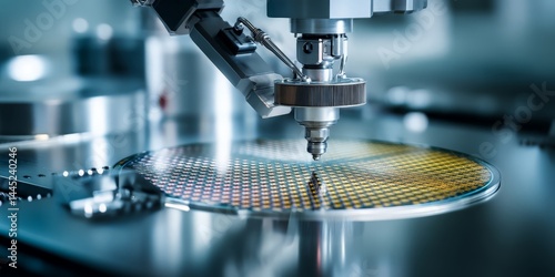 Robotic arm handling reflective silicon wafer with microchips in cleanroom semiconductor manufacturing environment
