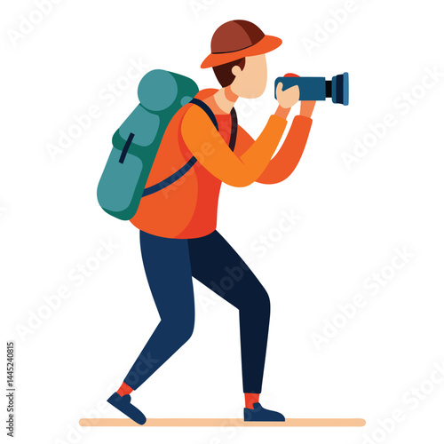 Hiker taking photos with DSLR camera on white background vector illustration