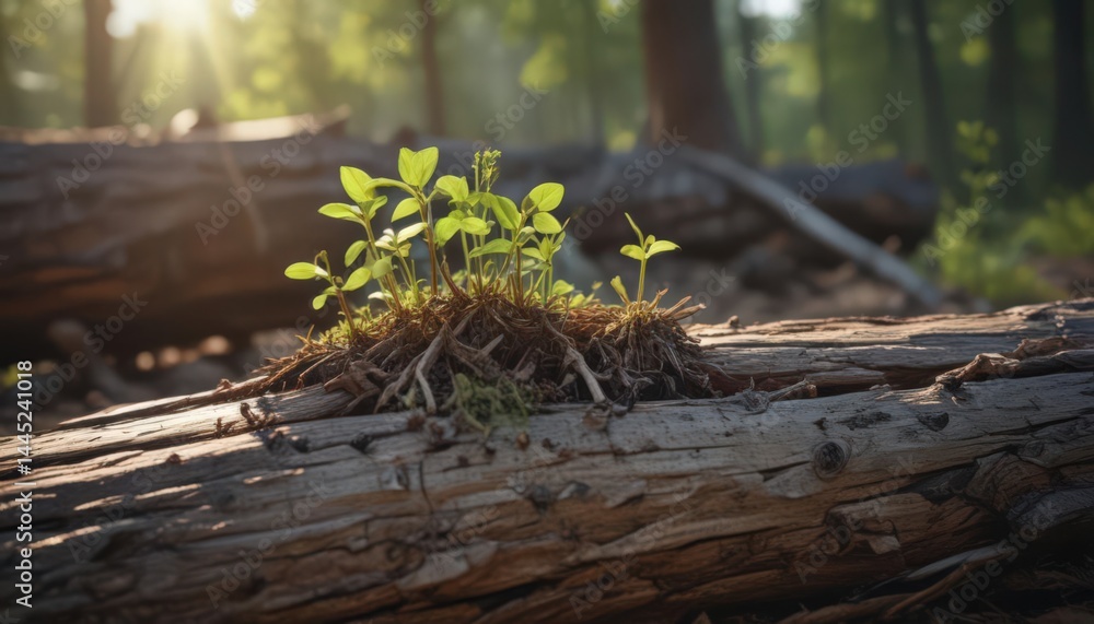 Fototapeta premium Tiny sapling sprouts from decaying log, sunlight dappled leaves , photography, forest