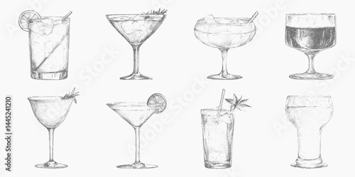 Set of classic cocktails and drinks in vintage ink sketch style with noisy gritty dot halftone effect in various glass styles. Retro pop art stipple for restaurant banners, Italian style.