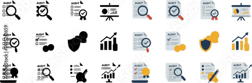 Audit document icon in flat style, vector set silhouette

