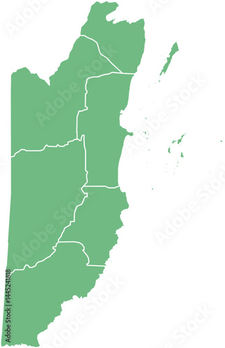 Vector map of Belize showing all regions with clearly defined borders and country outline. Green color scheme with white contours. Perfect for educational, infographic, and professional use.