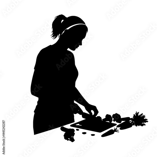 Healthy Meal Prep Woman Cooking Vegetables Black Vector Silhouette