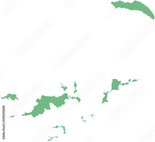 Vector map of the British Virgin Islands with clearly defined island borders and country outline. Green color scheme with white contours. Perfect for educational, infographic, and professional use.