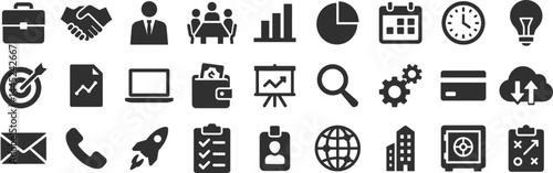 Business general glyph icon set. Vector pictograms of briefcase, handshake, calendar, clock, lightbulb, idea, target, graph, credit, card, wallet, black sign silhouette illustration.