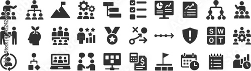 Business management glyph icon set. Vector pictograms of leadership, strategy, project, document, decision tree, collaboration, meeting, planning, black sign silhouette illustration.