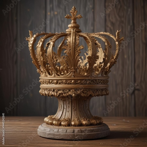 Ornate golden crown sits atop a weathered, intricately carved wooden pedestal ,  regal,  golden crown