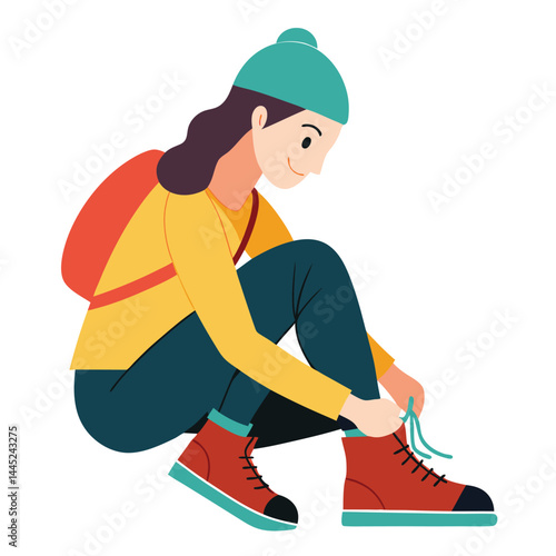 Woman tying hiking boots on white background vector illustration