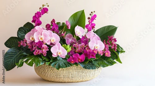 Wallpaper Mural Orchids and tropical leaves in a handwoven basket, arranged in a lush, elegant display Torontodigital.ca