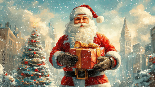 Santa claus holding gift winter holiday illustration