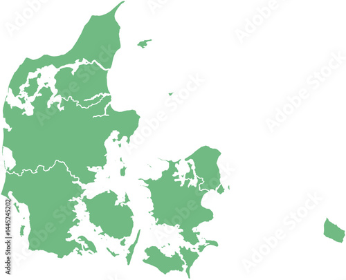 Vector map of Denmark showing all regions with clearly defined borders and country outline. Green color scheme with white contours. Perfect for educational, infographic, and professional use.