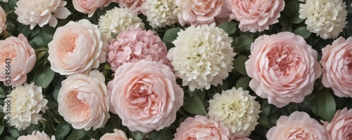 Delicate vintage-style artificial floral wall  Pink roses, peonies, and hydrangeas in muted pastel shades ,  wedding,  rose wall,   vintage floral design
