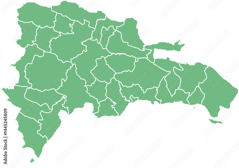 Vector map of the Dominican Republic showing all regions with clearly defined borders and country outline. Green color scheme with white contours. Perfect for educational, infographic, and professiona Vector map of the Dominican Republic showing all regions with clearly defined borders and country outline. Green color scheme with white contours. Perfect for educational, infographic, and professiona