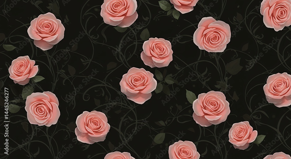 Naklejka premium Floral pattern of pink roses on dark background for decorative design