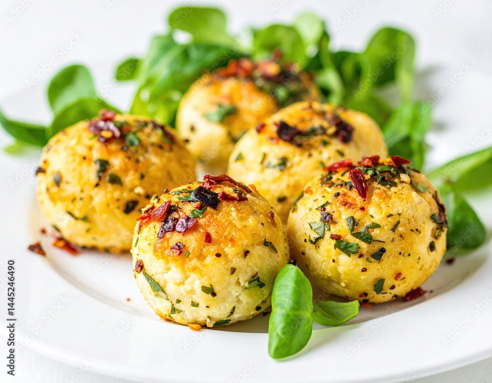 Fototapeta premium Delicious herb-crusted cheese balls with fresh greens on white plate