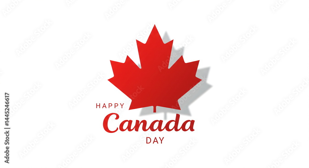 Happy Canada Day text with a red maple leaf illustration. Festive canadian patriotic greeting graphic on a white background, holiday concept banner. Happy Canada Day text with a red maple leaf illustration. Festive canadian patriotic greeting graphic on a white background, holiday concept banner.