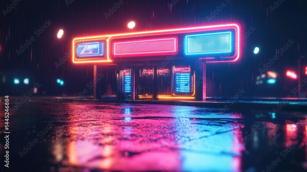 Obraz premium Neon Rain Retro Futuristic Gas Station at Night.
