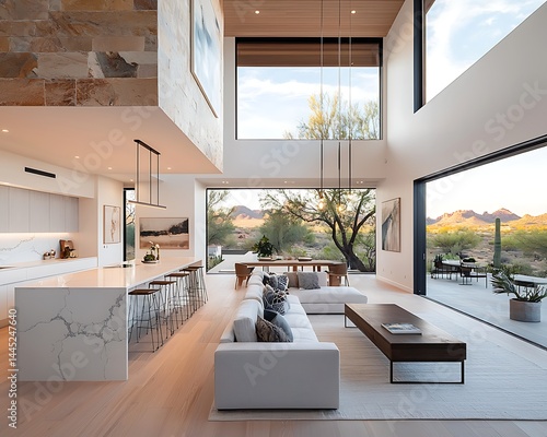 Modern open-concept living area with stunning desert views
