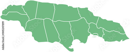 Vector map of Jamaica showing all regions with clearly defined borders and country outline. Green color scheme with white contours. Perfect for educational, infographic, and professional use.
