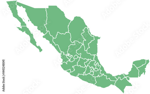 Vector map of Mexico showing all regions with clearly defined borders and country outline. Green color scheme with white contours. Perfect for educational, infographic, and professional use.